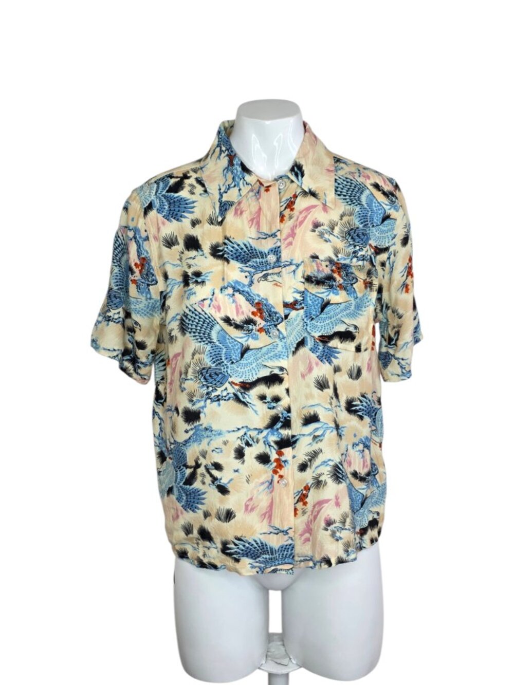 RE/DONE Bird Print Button Up Short Sleeve Shirt, Hawaiian, Vacation, Resort, XS